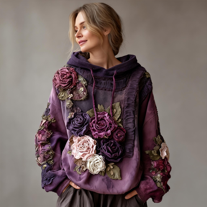 Women's Vintage Floral Patchwork Color Block Hoodie