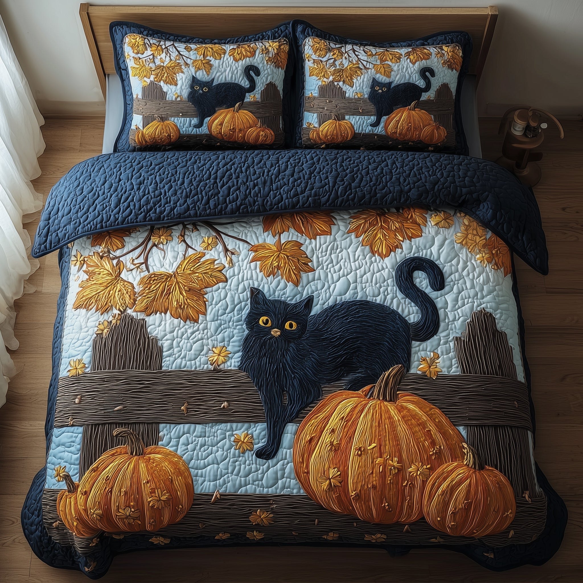 Spooky Black Cat 3-Piece Quilted Bedding Set GFTOMA4133