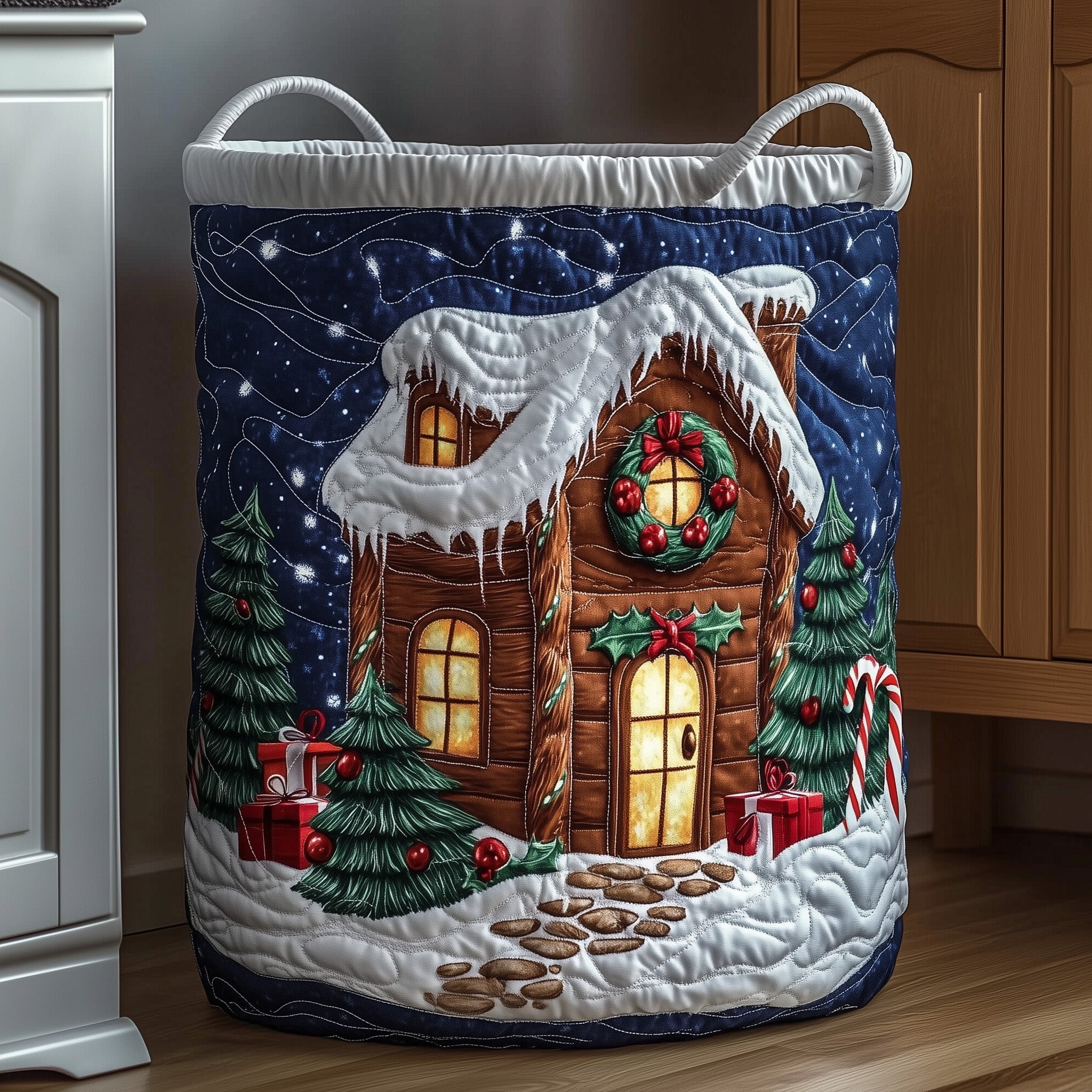 Gingerbread Cabin Quilted Laundry Basket GFTONT3318