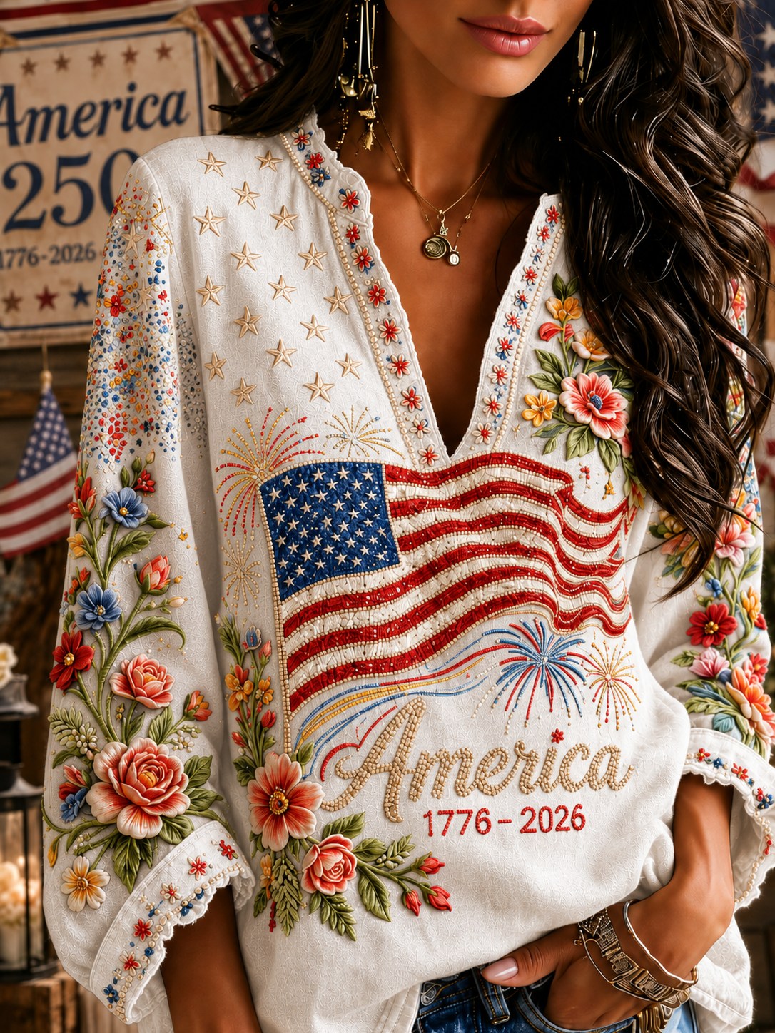 Women's Independence Day Flag And Floral Cotton Linen Loose V-neck Long Sleeve Top