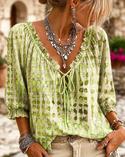 Polka Dot Lace Up Blouse