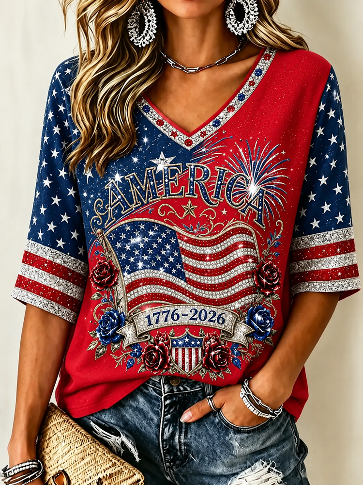 Women's Retro Independence Day Anniversary Print Cotton Linen T-shirt