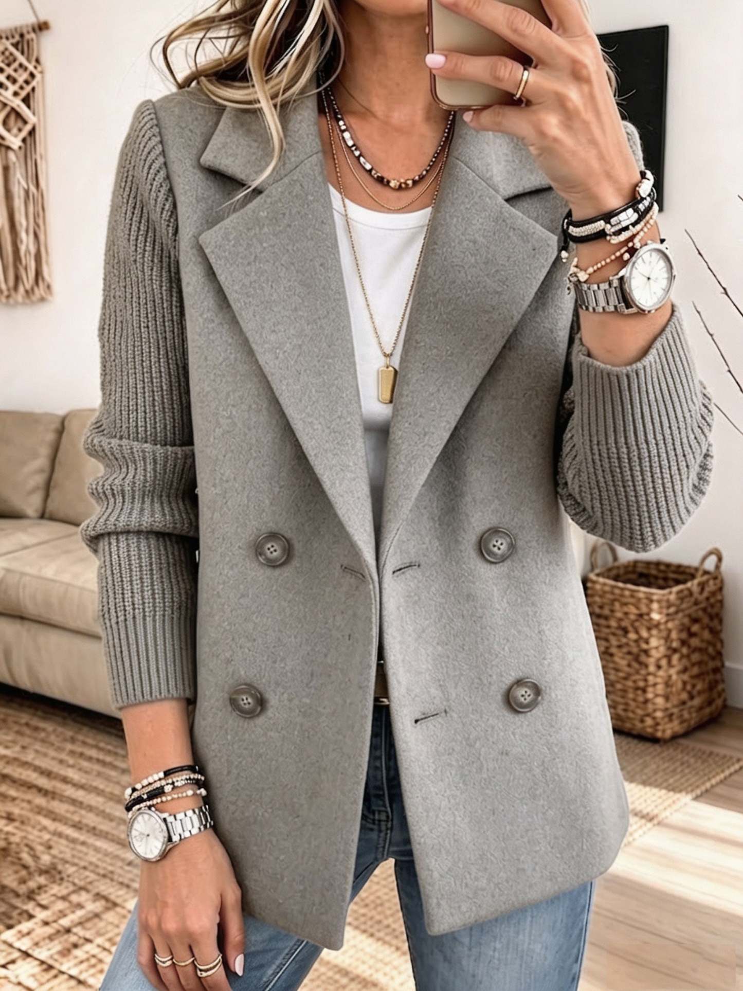 🤲LAST DAY SAVE 50% ⏰✨ Cozy Knit-Sleeve Blazer – Chic, Warm & Effortless