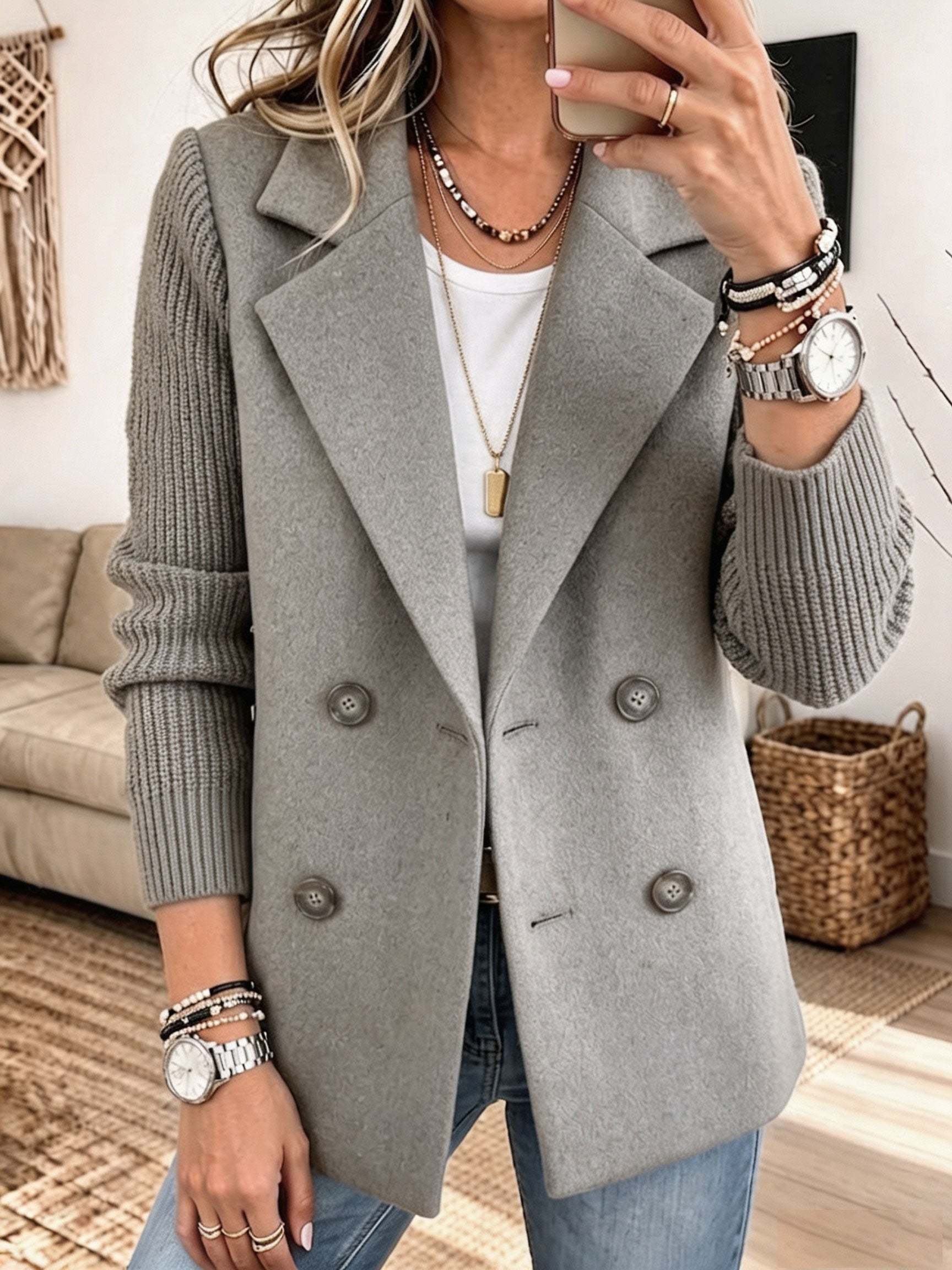 🤲LAST DAY SAVE 50% ⏰✨ Cozy Knit-Sleeve Blazer – Chic, Warm & Effortless