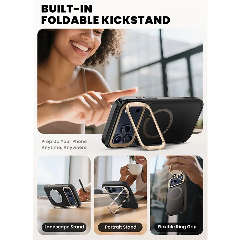 Magnetic Phone Case for iPhone 17 Pro Max Full-Body Cover with Tempered Glass Screen Protector & Stand