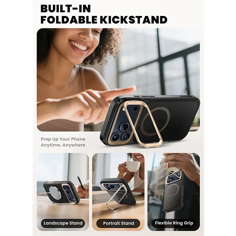 Magnetic Phone Case for iPhone 17 Pro Max Full-Body Cover with Tempered Glass Screen Protector & Stand