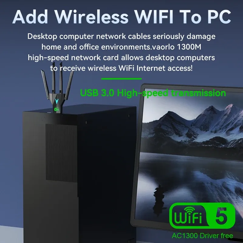 1300Mbps Dual Band WiFi USB Adapter 2.4G/5Ghz Wi-Fi Dongle USB3.0 802.11AC 4-Antenna Wireless Receiver For PC/Laptop Driver Free