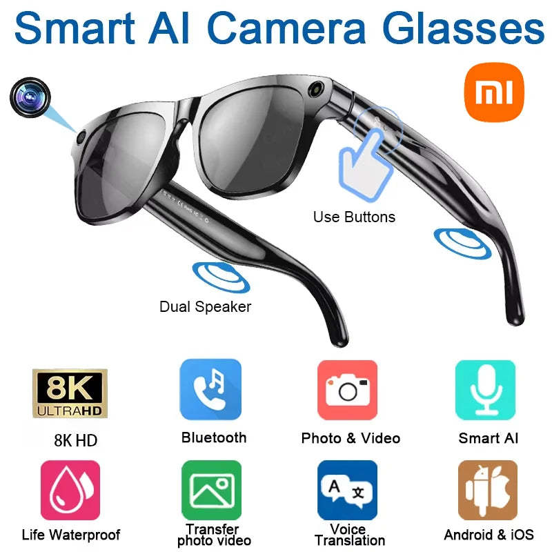 AI Smart Glasses Xiaomi 8K HD Photochromic Multifunction Translate Camera Music Player Bluetooth Calling Voice Assistant-ShoptAI
