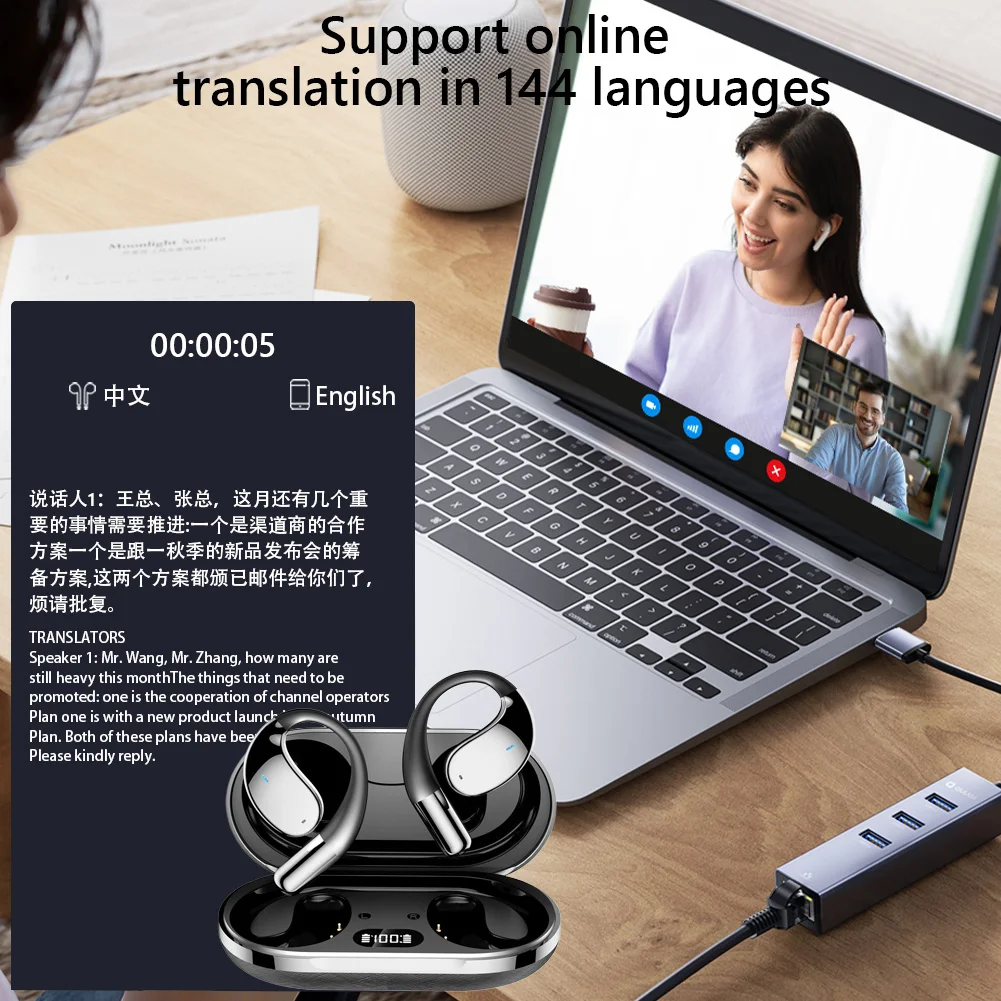 3-in-1 AI Translator Earbuds Wireless Bluetooth Headphones 144 Language Real-Time Translation YYK-Q39 