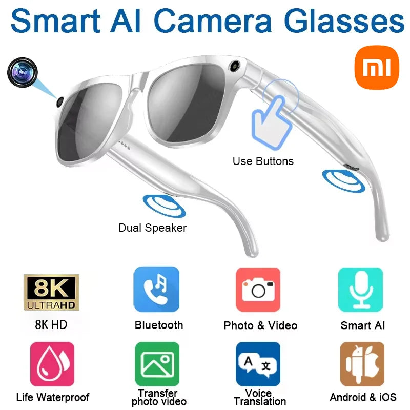 AI Smart Glasses Xiaomi 8K HD Photochromic Multifunction Translate Camera Music Player Bluetooth Calling Voice Assistant-ShoptAI