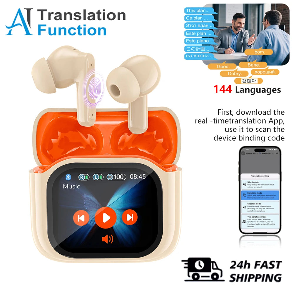 Real Time AI Translator Headphones with Touch Screen 144 Languages Translation Bluetooth 5.4 Earbuds Noise Cancelling Headset-ShoptAI