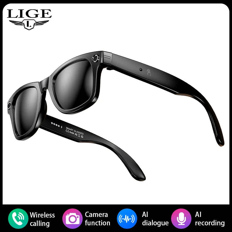LIGE 100W Camera Bluetooth AI Smart Glasses with Voice Call Music Play Sunglasses Video Sound Record-ShoptAI