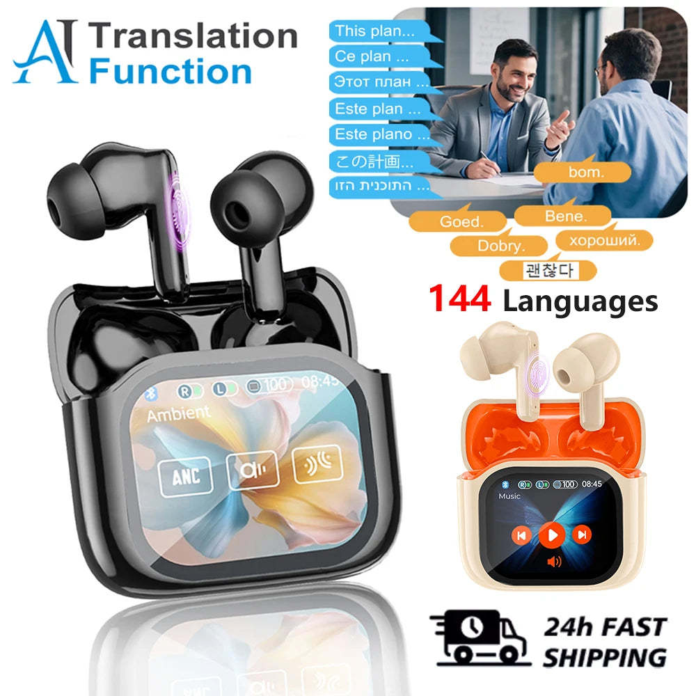Real Time AI Translator Headphones with Touch Screen 144 Languages Translation Bluetooth 5.4 Earbuds Noise Cancelling Headset-ShoptAI