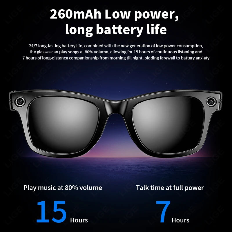 LIGE 100W Camera Bluetooth AI Smart Glasses with Voice Call Music Play Sunglasses Video Sound Record-ShoptAI