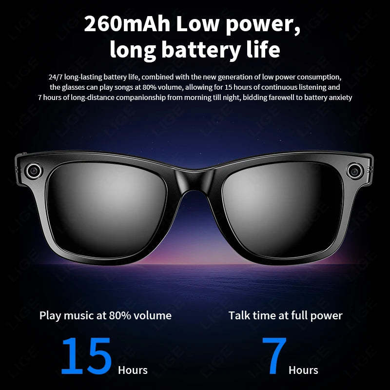 LIGE 100W Camera Bluetooth AI Smart Glasses with Voice Call Music Play Sunglasses Video Sound Record-ShoptAI