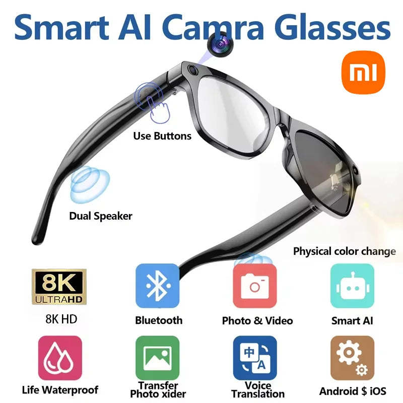 AI Smart Glasses Xiaomi 8K HD Photochromic Multifunction Translate Camera Music Player Bluetooth Calling Voice Assistant-ShoptAI