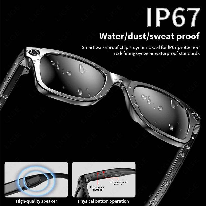 LIGE 100W Camera Bluetooth AI Smart Glasses with Voice Call Music Play Sunglasses Video Sound Record-ShoptAI