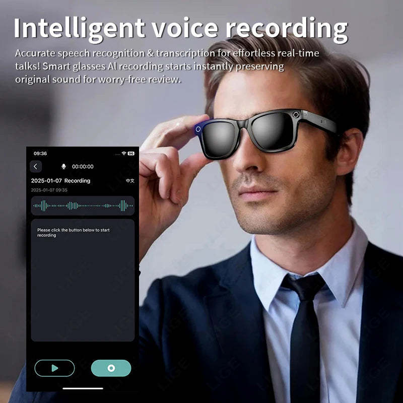 LIGE 100W Camera Bluetooth AI Smart Glasses with Voice Call Music Play Sunglasses Video Sound Record-ShoptAI
