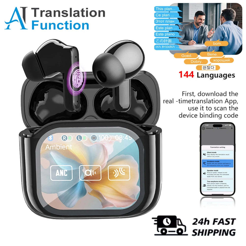Real Time AI Translator Headphones with Touch Screen 144 Languages Translation Bluetooth 5.4 Earbuds Noise Cancelling Headset-ShoptAI
