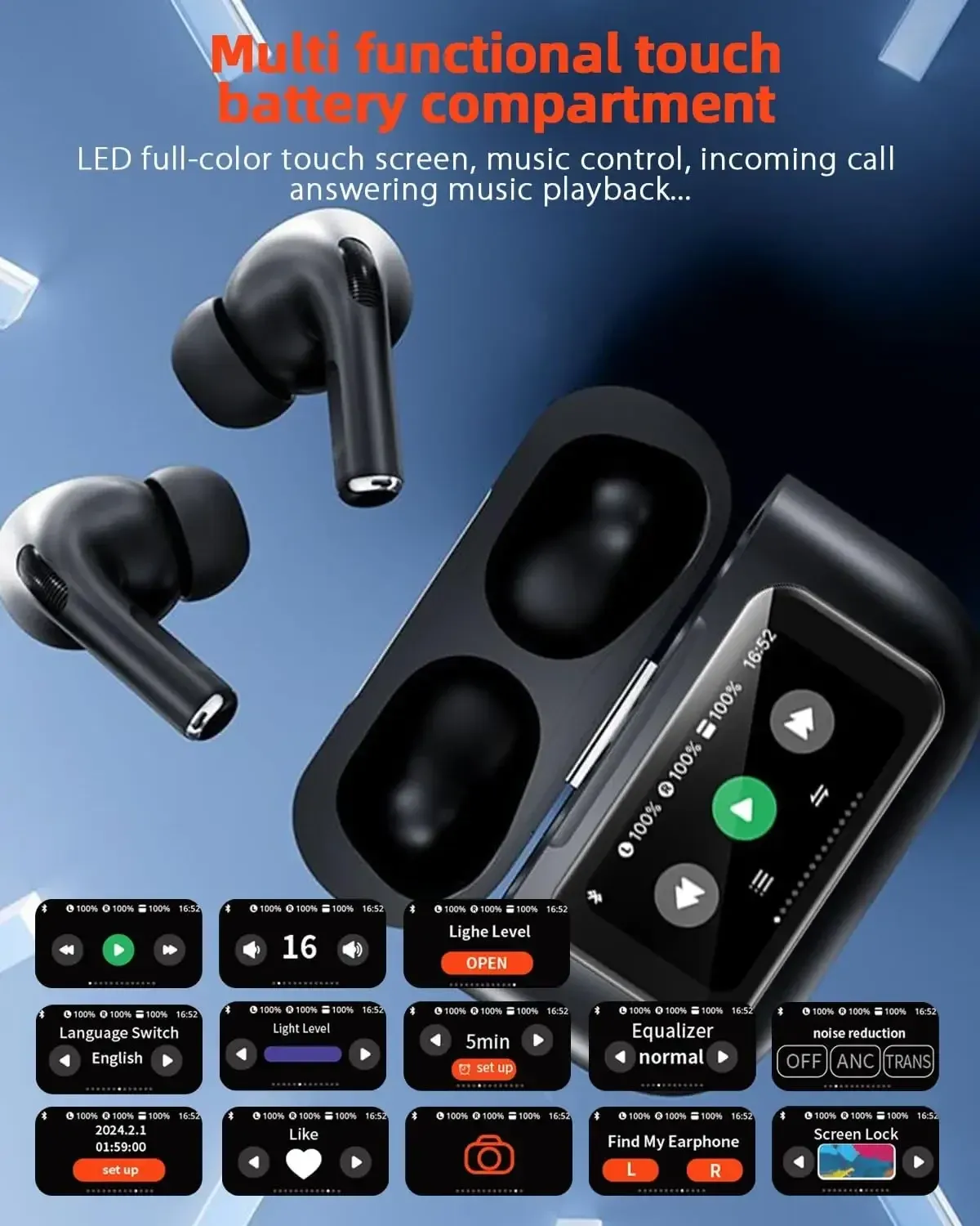 AI Translator Earbuds 144 Languages Real Time Translation Headphones with Screen Noise Cancelling Earphone