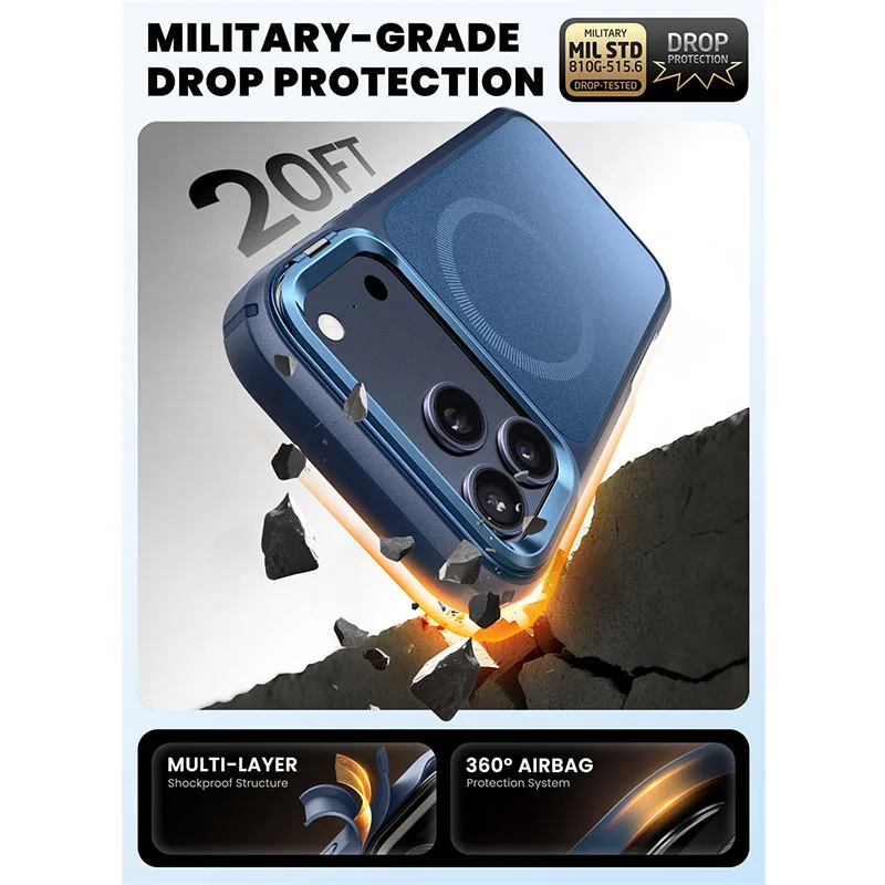 Magnetic Phone Case for iPhone 17 Pro Max Full-Body Cover with Tempered Glass Screen Protector & Stand