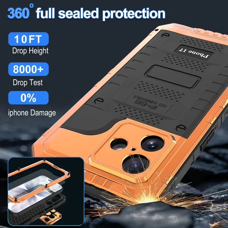 IP68 Waterproof Case for iPhone 17 Pro Max 17 Pro 17 Air Heavy Duty Shockproof Metal Cover Glass Screen Protector
