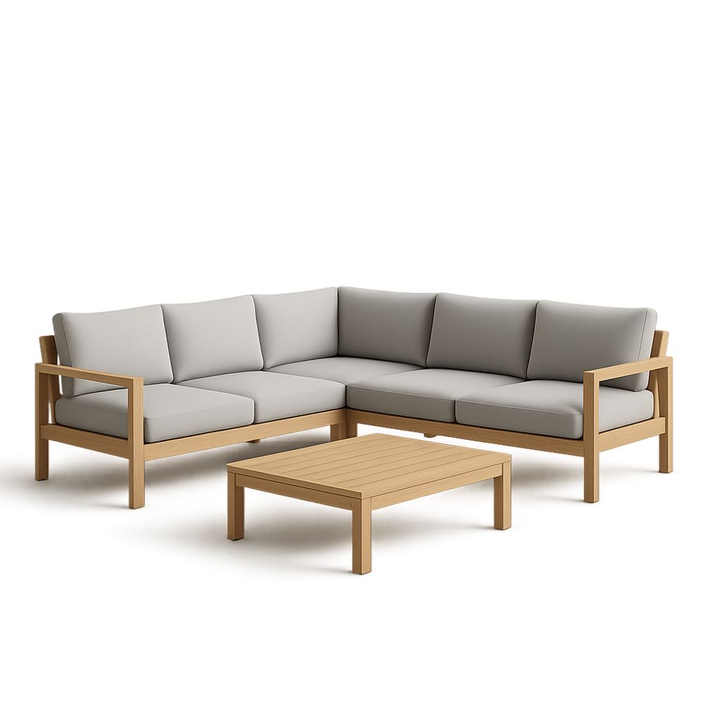 Set divano angolare in legno con cuscini grigi e tavolino