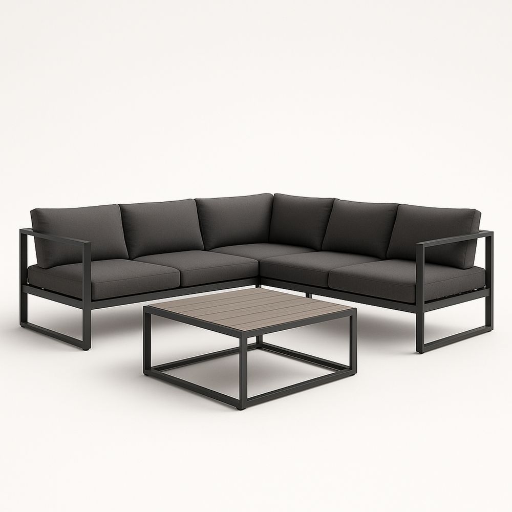 Divano Angolare da Esterno in Metallo e Tessuto con Tavolino Nero