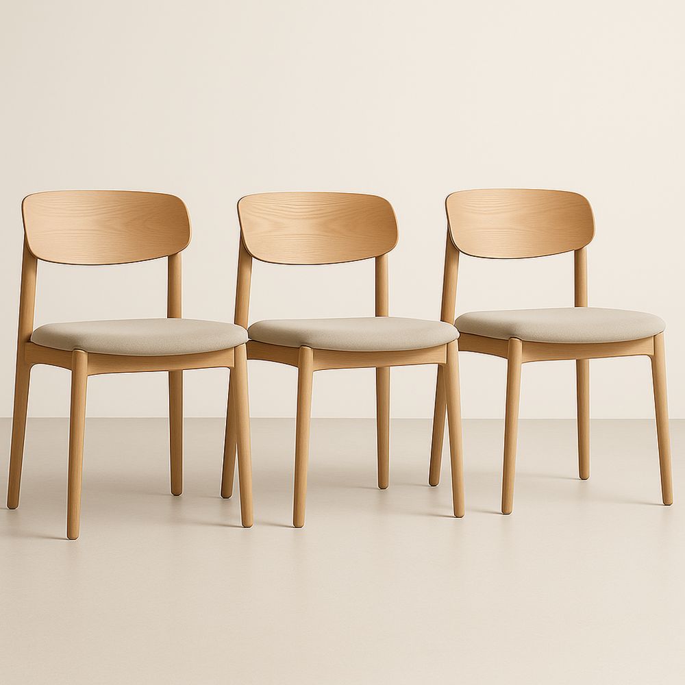 Set di 3 sedie in legno di faggio con seduta imbottita in tessuto crema