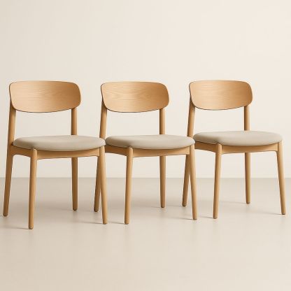 Set di 3 sedie in legno di faggio con seduta imbottita in tessuto crema