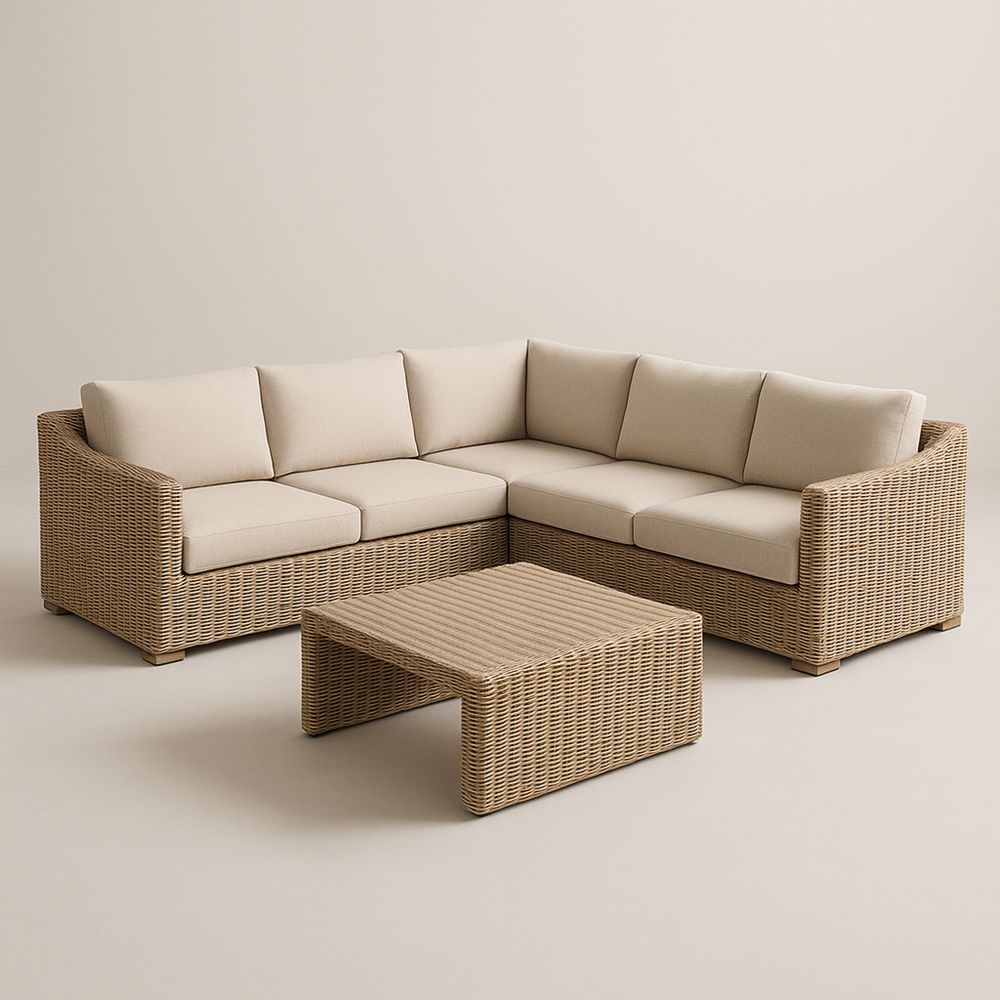 Set divano angolare in rattan sintetico beige con tavolino