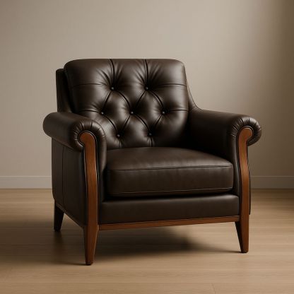 Poltrona in Pelle PU Marrone con Gambe in Legno