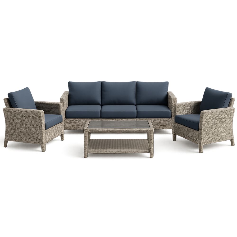 Set Divano in Rattan PE con Cuscini Blu e Vetro Temperato