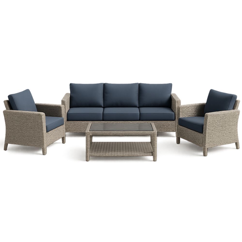 Set Divano in Rattan PE con Cuscini Blu e Vetro Temperato