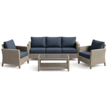 Set Divano in Rattan PE con Cuscini Blu e Vetro Temperato