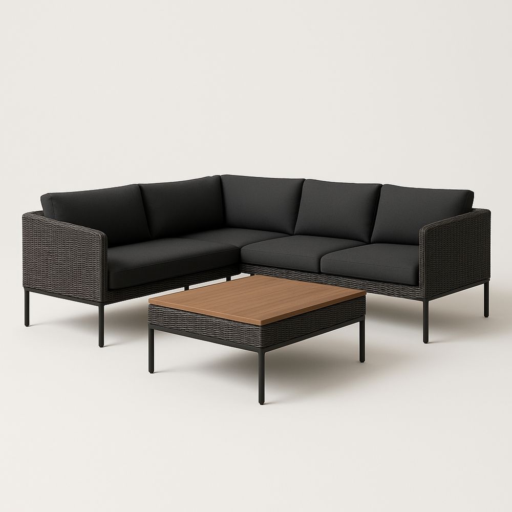 Set angolare divano giardino Rattan sintetico con cuscini in poliestere e tavolino legno