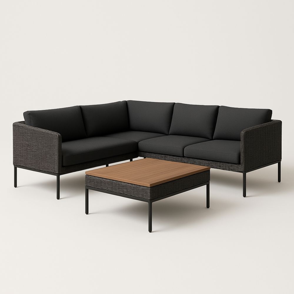 Set angolare divano giardino Rattan sintetico con cuscini in poliestere e tavolino legno