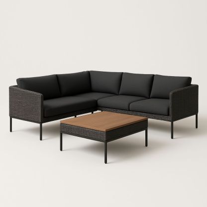 Set angolare divano giardino Rattan sintetico con cuscini in poliestere e tavolino legno