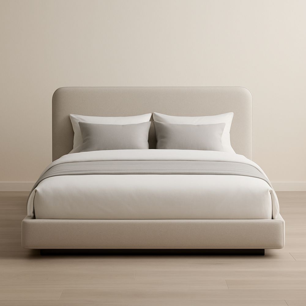 Letto matrimoniale in tessuto beige con rete a doghe