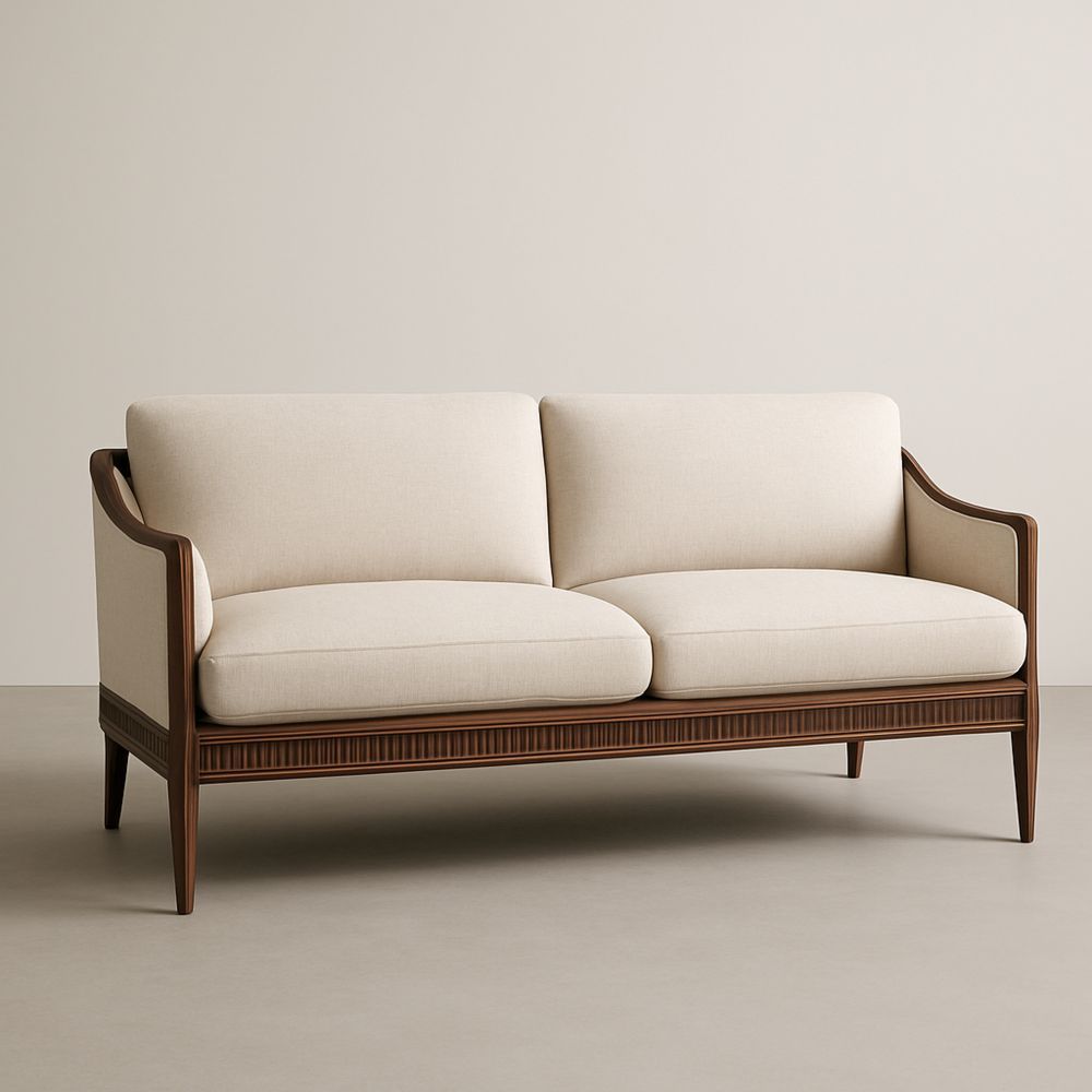 Divano a due posti in legno e tessuto beige