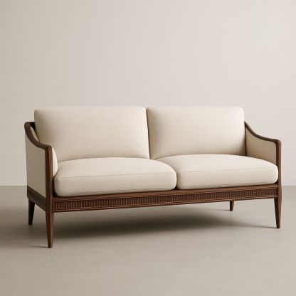 Divano a due posti in legno e tessuto beige