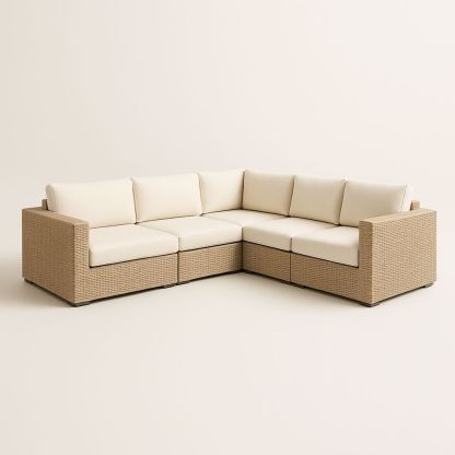 Divano ad Angolo da Esterno in Rattan Sintetico Beige con Cuscini in Schiuma di Poliestere