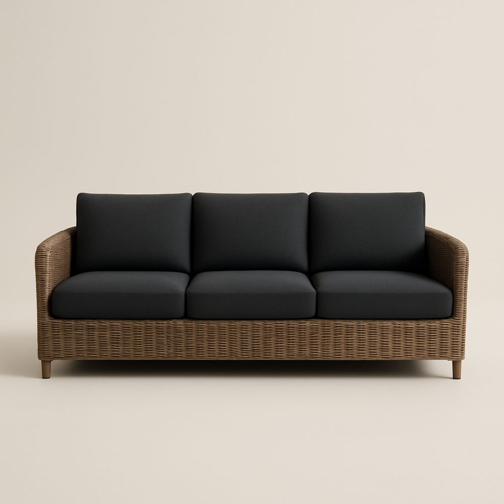 Divano a Tre Posti in Rattan con Cuscini in Tessuto