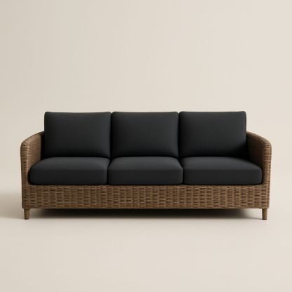 Divano a Tre Posti in Rattan con Cuscini in Tessuto