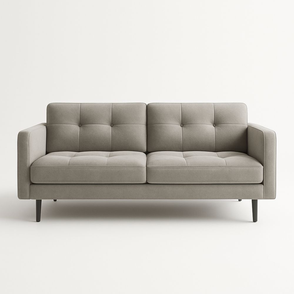 Divano a due posti in tessuto grigio con gambe in legno