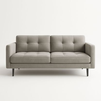 Divano a due posti in tessuto grigio con gambe in legno