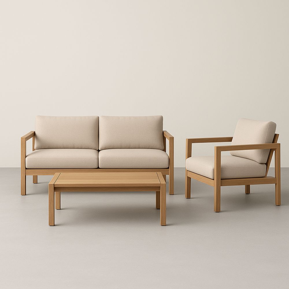 Set Divano e Poltrona da Esterno in Legno di Teak e Tessuto Beige