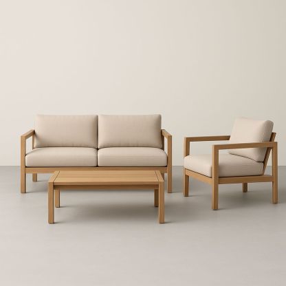Set Divano e Poltrona da Esterno in Legno di Teak e Tessuto Beige