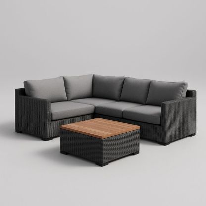 Divano angolare in rattan sintetico con cuscini grigi e tavolino in legno