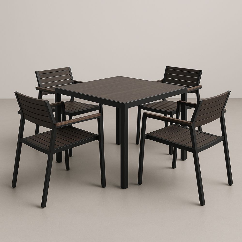 Set Tavolo Quadrato con 4 Sedie in Legno e Alluminio Marrone/Nero